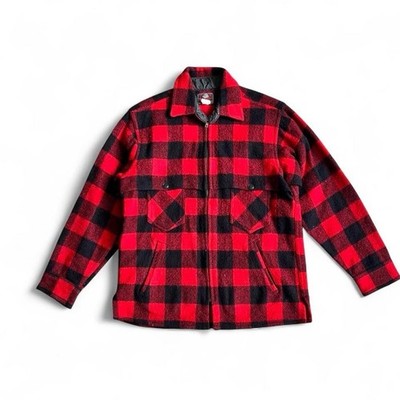 Herren Vintage 70er Johnson Holzmühlen rot schwarz kariert Wolle Reißverschluss Jacke groß