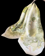 100% Silk 20" small square Scarf Women neckerchief Wrap floral green beige WS446