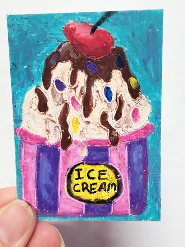 ACEO Original Painting "It's a Sundae" w Chocolate, Sprinkles & Cherry Fine Art