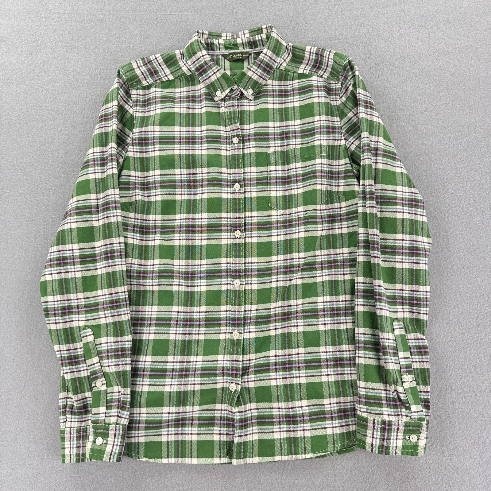 Eddie Bauer Men's Medium Green White Plaid Long Sleeve Button-Down Shirt Casual