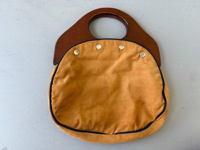 Vintage Bermuda Wooden Handle Bag Purse Yellow Corduroy