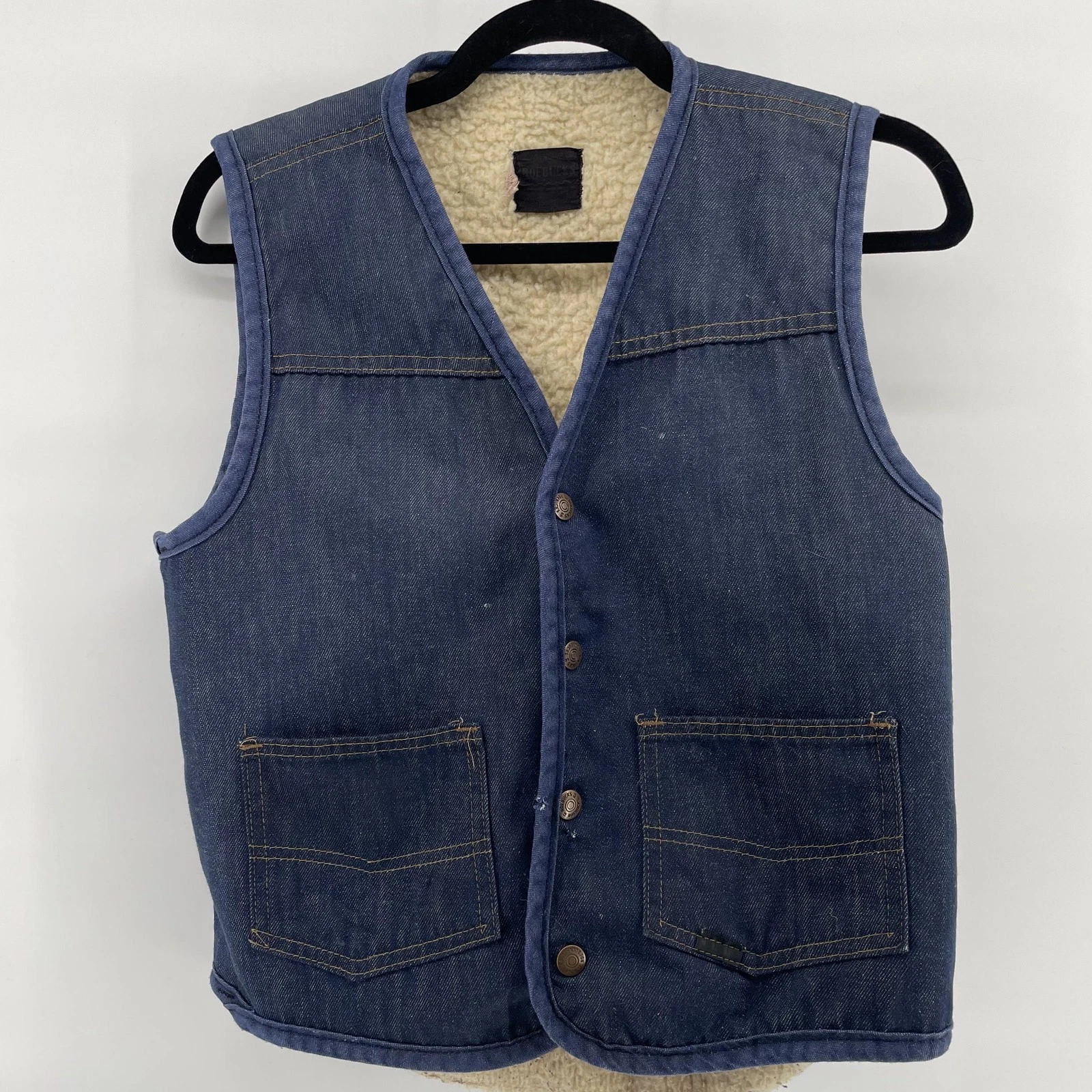 Vintage Roebucks Vest Mens Small Blue Denim Sherpa Lined Workwear 70s