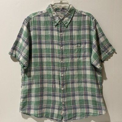 WEATHERPROOF VINTAGE Men Sz L Green Linen Button-Down Plaid S/S Summer Shirt