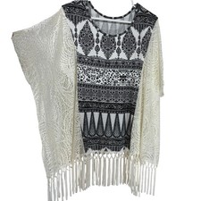 Boho Fringe Kimono Top LARGE Black White Lace Paisley Festival Beach Summer