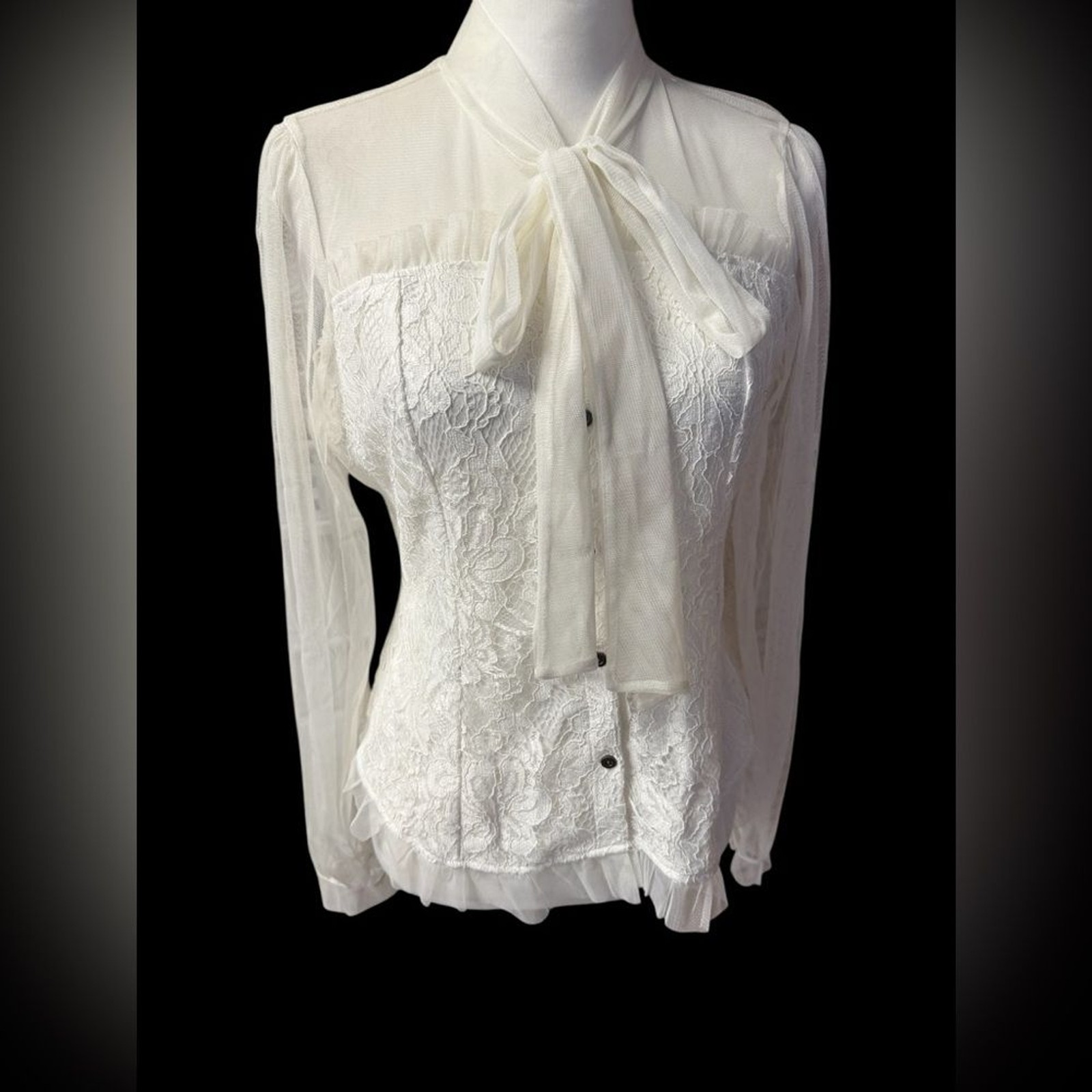 Impulsive white lace blouse with a bow collar and sheer sleeves sz Large