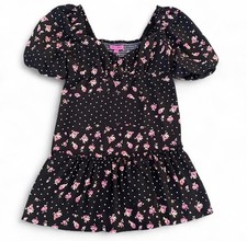 Betsey Johnson Floral Polka Dot Puff Sleeve milkmaid Mini Dress Black Size Med