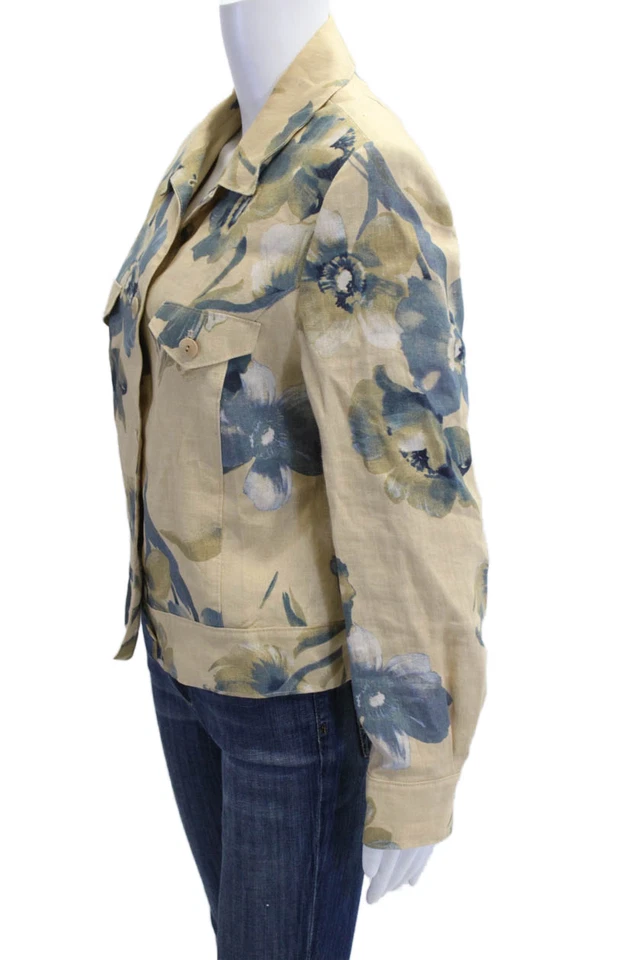 Peter Nygard Womens Linen Floral Print Collared Open Front Blazer Yellow Size 10 - Image 3 of 4