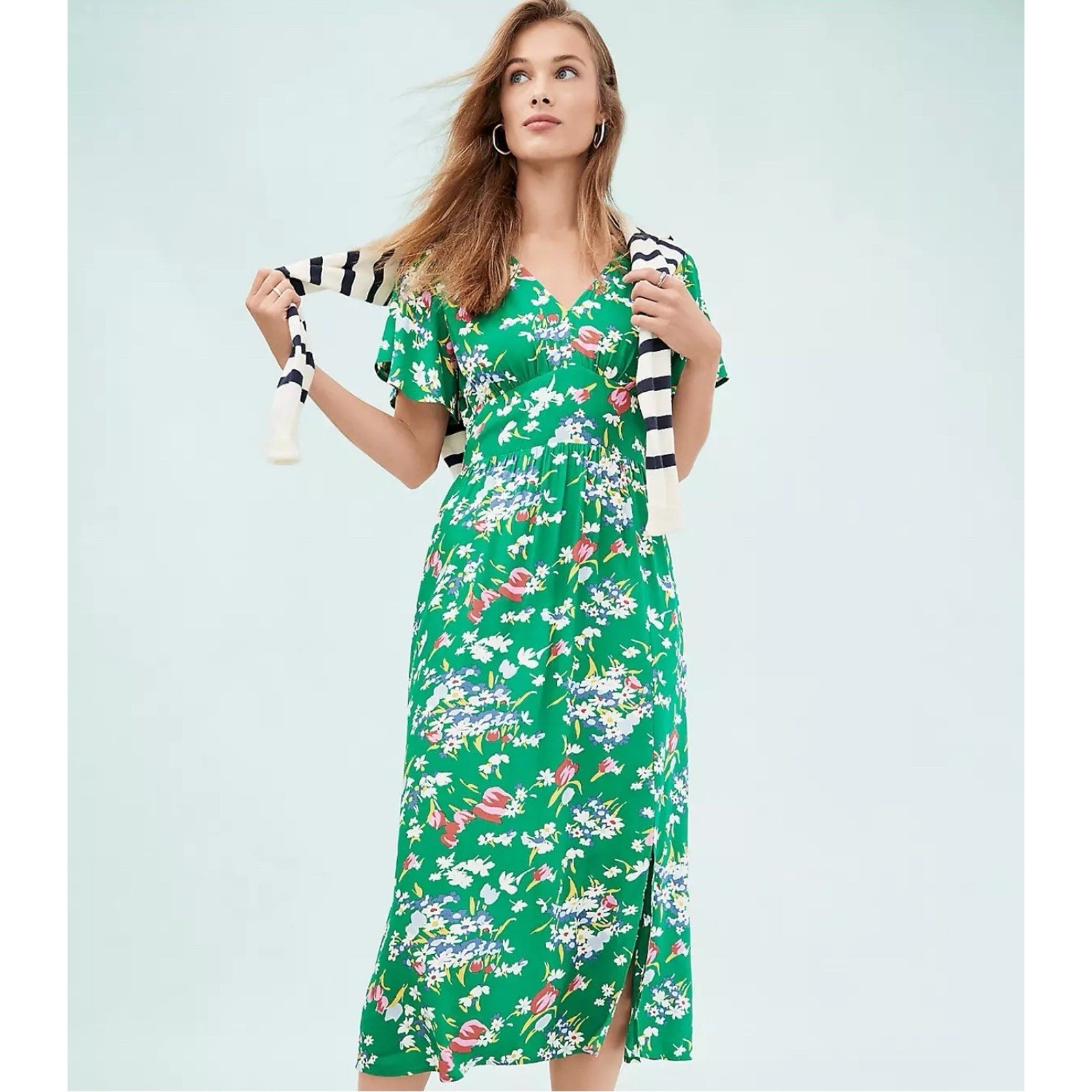 Ann Taylor LOFT Green 10P Petite Floral V Neck Midi Dress Flutter Sleeve Cottage