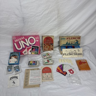 5 Vintage Card Games ~ Flinch 63 , Mille Bornes 71 , U NO 99 , Deluxe Uno & Rook