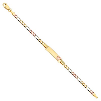 Massives 14k dreifarbiges Gold 3C Figaro 3+1 080 Schmetterling Baby ID Armband 6'' Damen