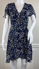 J Crew Factory Blue Floral Print Faux Wrap Dress Ruffle Trim Tie Sleeves Size 0