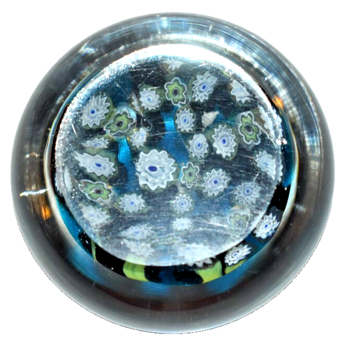 Vintage Murano Italy Art Glass Paperweight Blue Green White Millefiori - Picture 3 of 5