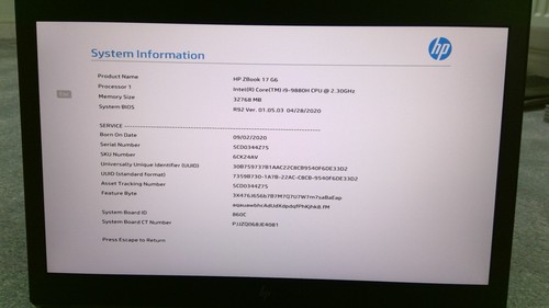 HP Zbook 17 G6 17.3" inch Core i9-9880H 32GB RAM RTX 3000 - No HDD Bios PWD -5 - Picture 3 of 24