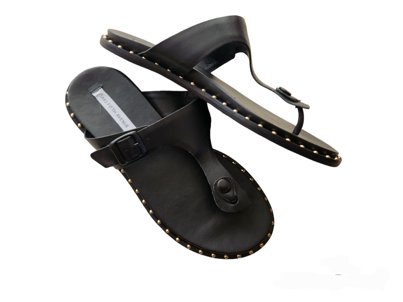 Saks Fifth Avenue Studded Flat Sandals Black Leather Thong Toe Sandals 8 M | eBay