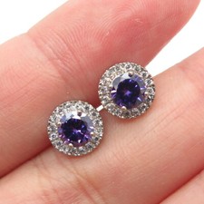 925 Sterling Silver Round-Cut Purple  White C Z Stud Earrings