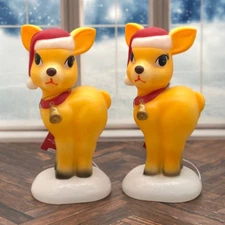 New Set Of 2 Holiday Deer Tabletop 11" Blow Molds Light Up Santa Hat Retro Style