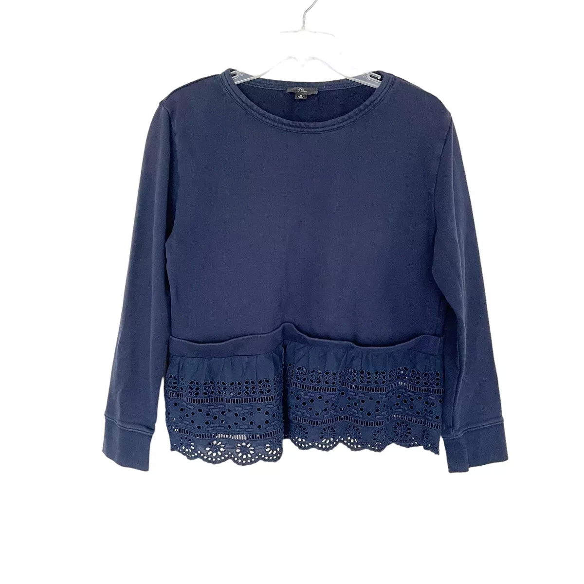 J. Crew Eyelet Hem Sweatshirt 100 Cotton Navy Blue Size Small
