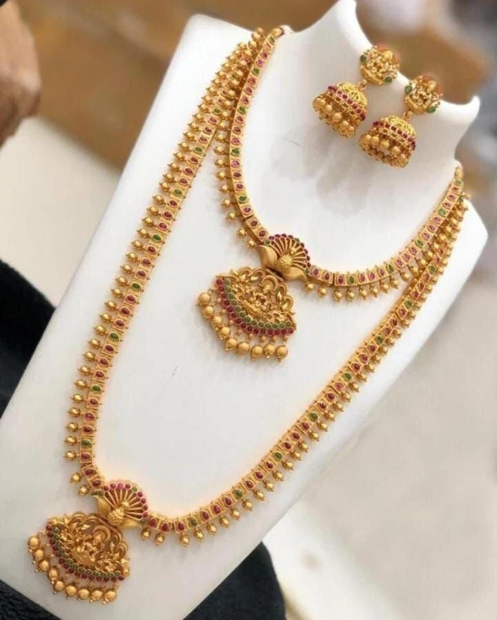Bollywood Lange Halskette Vergoldet Hochzeit Tempel Indischer Schmuck Set