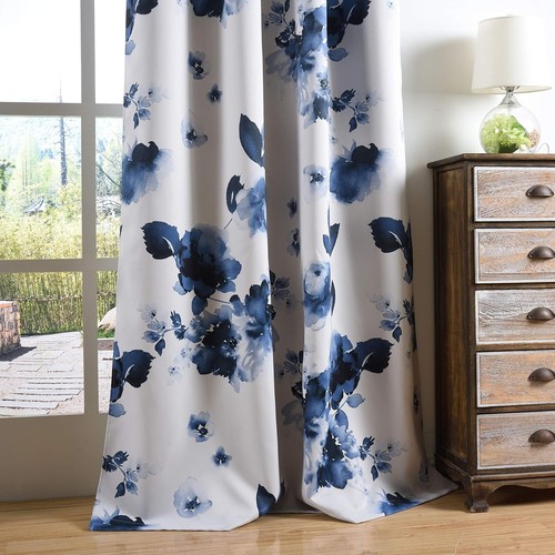 Luxurious Grommet Top Curtains - 84" Deep Blue Floral Design for Living Spaces - Picture 9 of 10