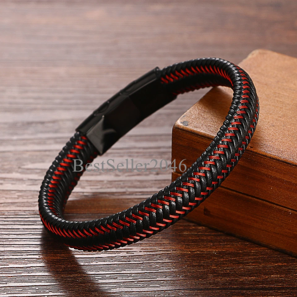 Pulsera ajustable de cuero trenzado de acero inoxidable con cierre magnético de cuero negro rojo para hombre Foto 2 de 4