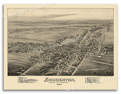 1894 Souderton Pennsylvania Vintage Old Panoramic City Map - 24x32