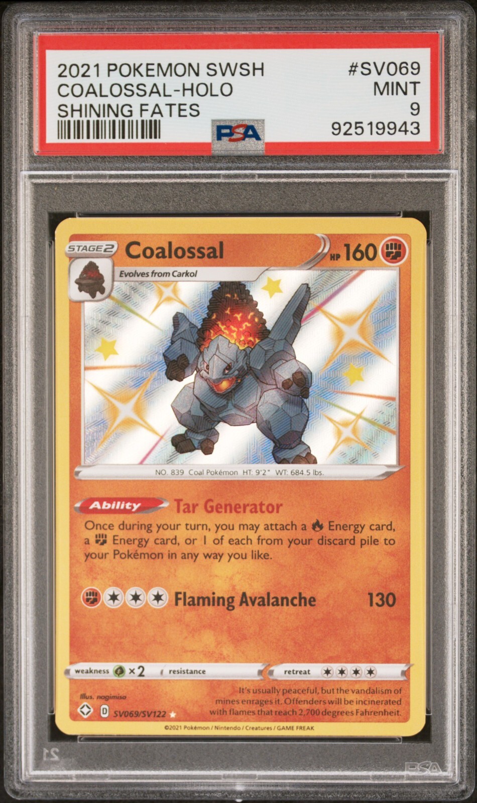 Pokemon Card Coalossal SV069/SV122 Holo Shining Fates PSA 9 MINT