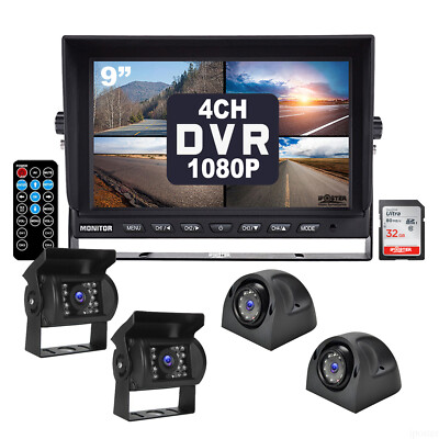 9'' DVR QUAD Monitor 4CH Realtime Recording Reversing CCD Camera 32GB For Truck