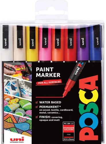 Uni POSCA PC 3M Paint Markers Set of 16 Assorted Colours Fine Bullet Tip