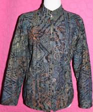 CHICOS Denim Mandarin Floral Jacket Elaborate Embroidery Beaded Sz 2 M Pockets
