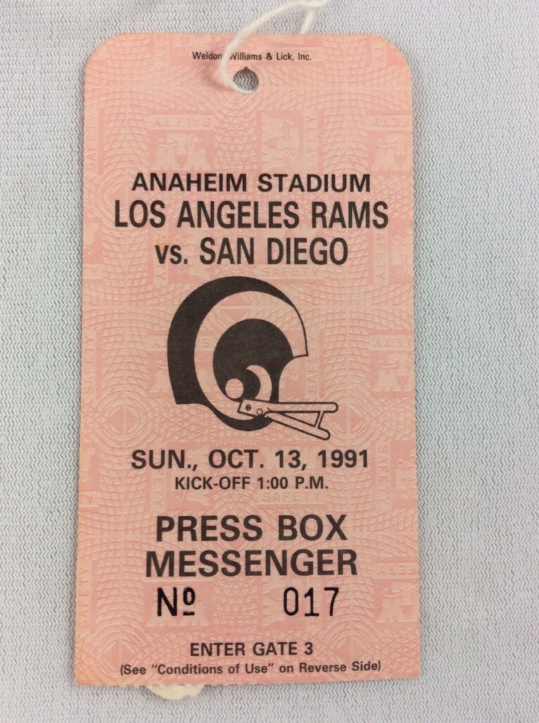 NFL 1991 10/13 San Diego Chargers at LA Rams Press Box Credential ...