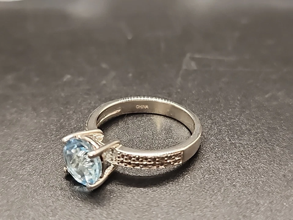 8mm Sky Blue Spinel w/ White Diamond Accents Solitaire Ring Rhodium/925 Size 7 - Image 2 of 4