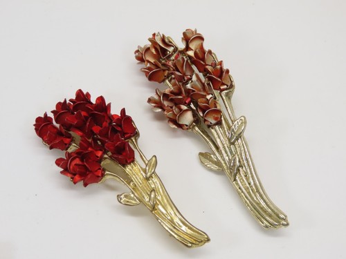 Lote broche prendedor vintage tono oro rojo tallo rosa esmalte Tanager II DM 1997 + D2172 - Imagen 3 de 7