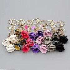 Synthetic Leather Tasseled Flower Bag Charm Keychain Purse Accessories Keyring