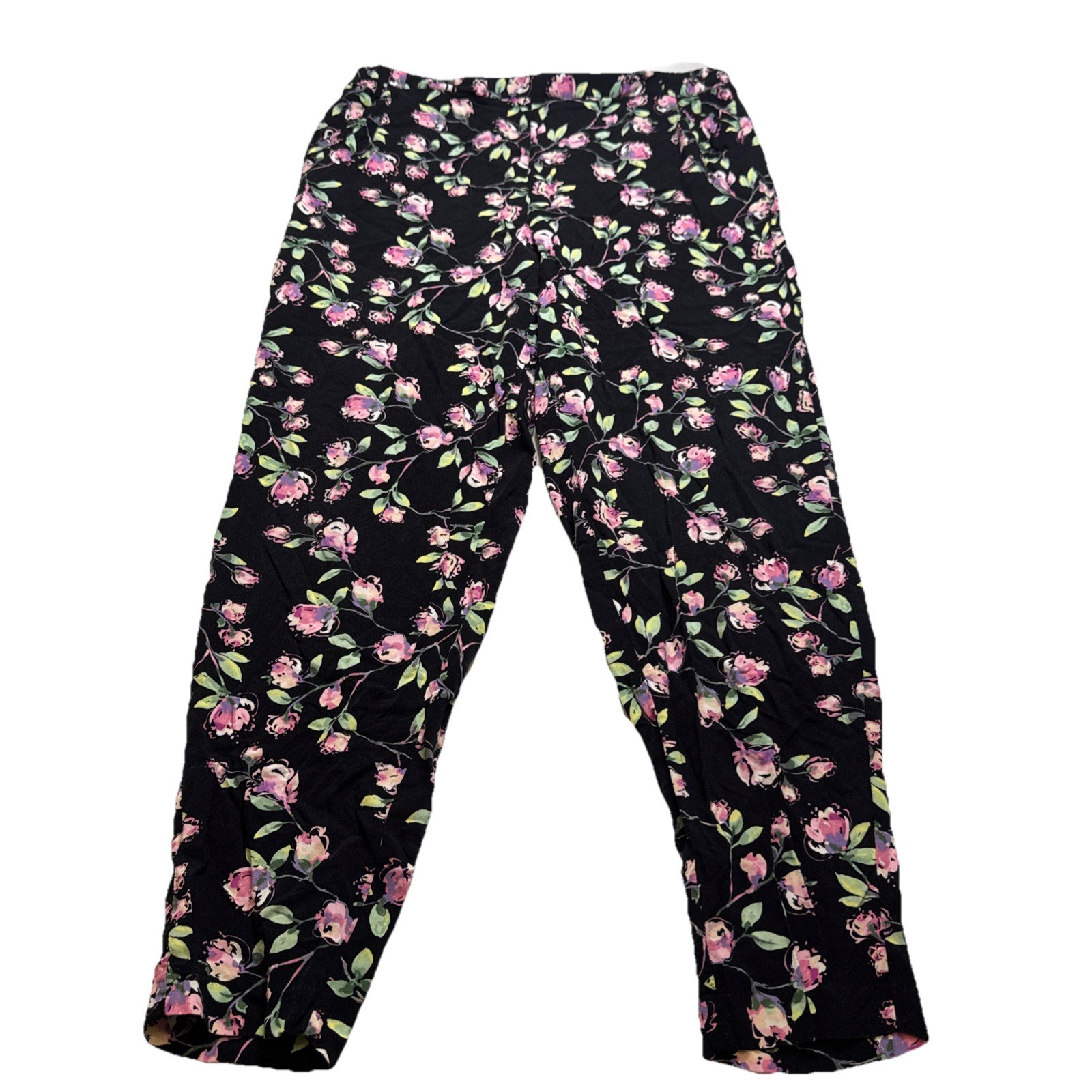 Lauren Conrad Pajama Pants Women Medium Black Pink Floral Rayon Lounge Sleepwear