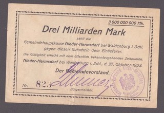Nieder Hermsdorf i. Schles. Magistrat; 3 Mrd. Mark vom 27. Oktober 1923