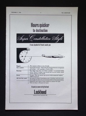 Original 1953 Advert Lockheed Super Constellation Style Aircraft