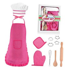 Popular Gifts for 2-6 Year Old Girls Boys, Chef Costume Set for Kids Apron Pink