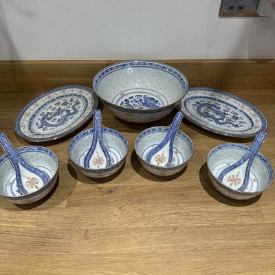 Vintage chinesisches 11-teiliges Schüssel & Löffel Set blau weiß durchscheinend Drache Porzellan Porzellan 