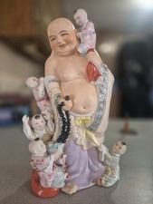 Large 13.5” Chinese Porcelain Famille Rose Laughing Buddha Statue & 5 Children