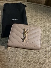 Saint Laurent Monogram Logo Quilted Chevron Zip-Around Wallet Beige Unisex