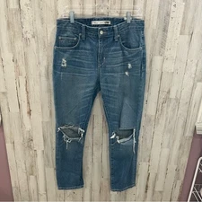 Lovers + Friends Denim Ezra Distressed Boyfriend Blue Denim Jeans 100% Cotton