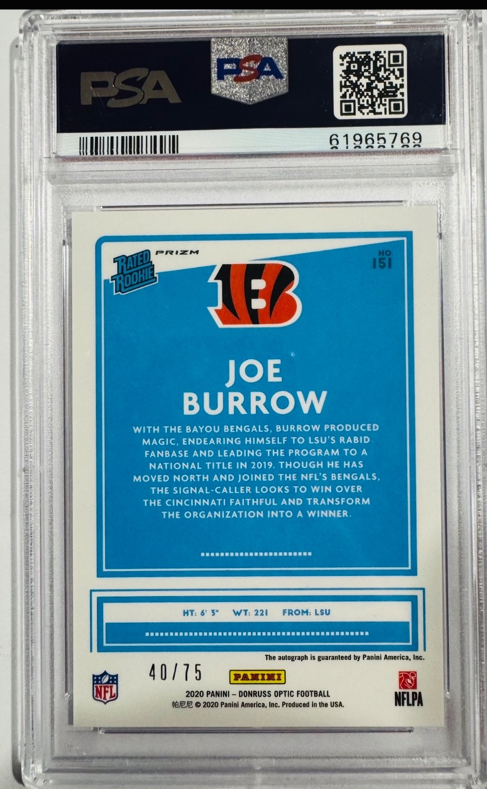 2020 Donruss Optic Joe Burrow Rated Rookie Blue Autograph /75 - PSA 10 (RC, AU) view 2
