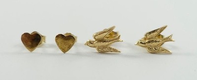 14K yellow gold LOT 2 pairs girl earrings~heart posts +flying bird posts NEW 1g