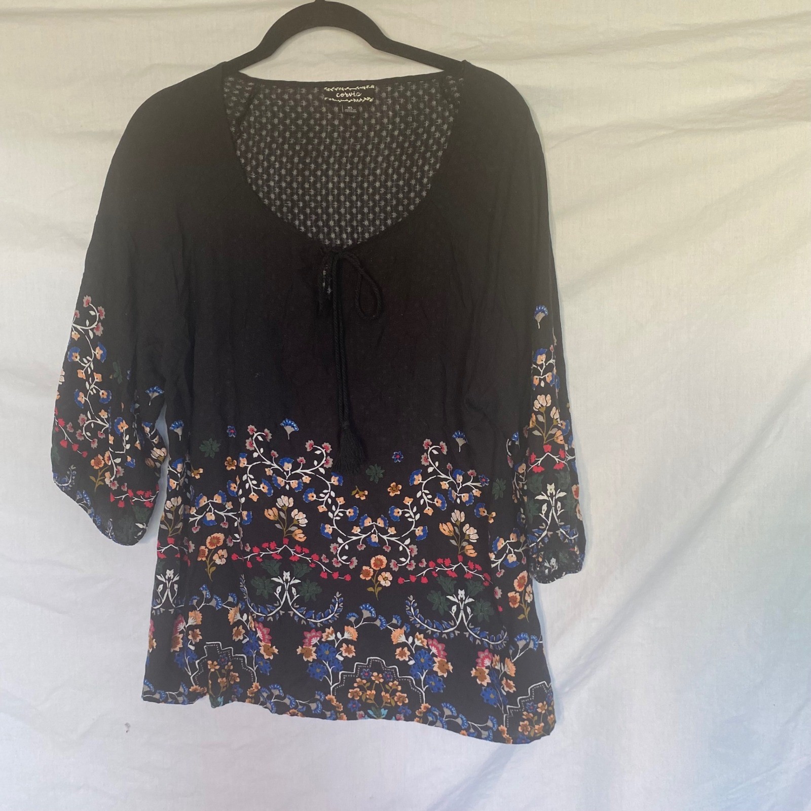 Corvia Womens XL Black Floral Border Print Peasant Blouse 3/4 Sleeve Tassel Tie