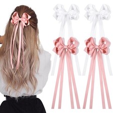 4 PCS Hair Bows Ribbon for Women Hair Clip White Pink Satin Bow with Long Tassel
