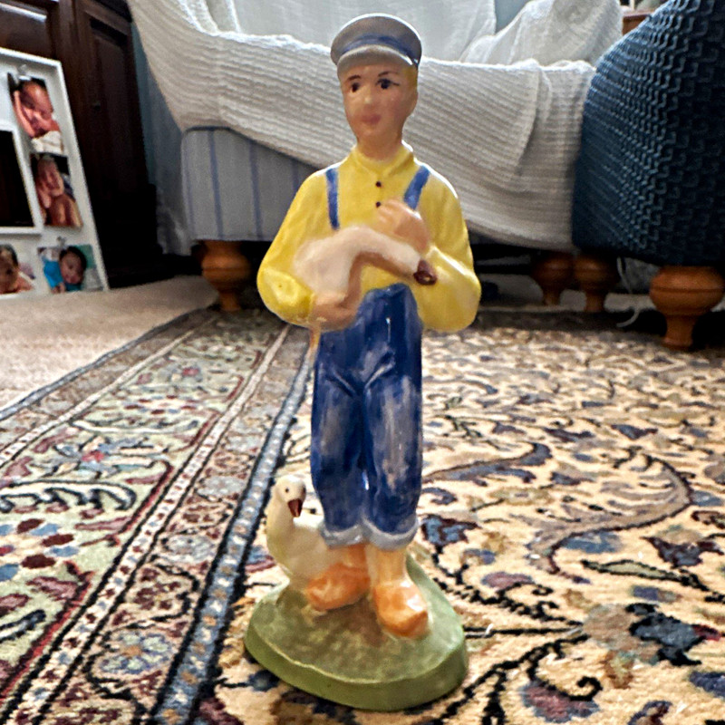 Hand Painted Multicolor Ceramic Boy & Girl with Geese Figurines Pair