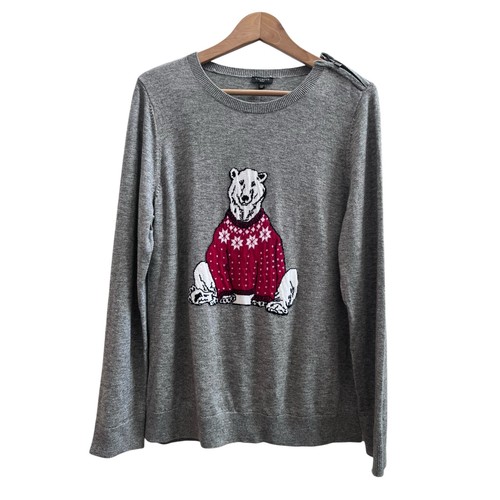 Talbots New Gray Lambswool Blend Polar Bear Pullover Sweater Petite Size XL - Picture 2 of 11
