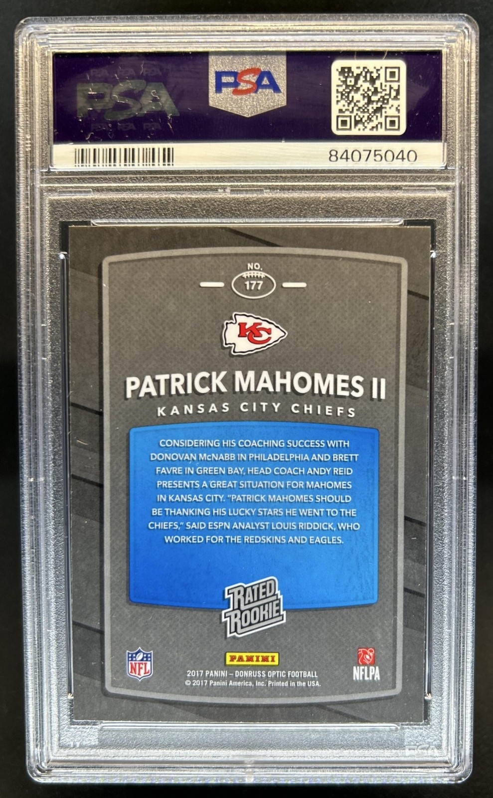 2017 Panini Donruss Optic Patrick Mahomes II RC Rated Rookie #177 Chiefs PSA 10 view 2