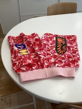 BAPE Pink/Red Camo Shark Fleece Sweat Shorts Mens Drawstring Pockets Logo