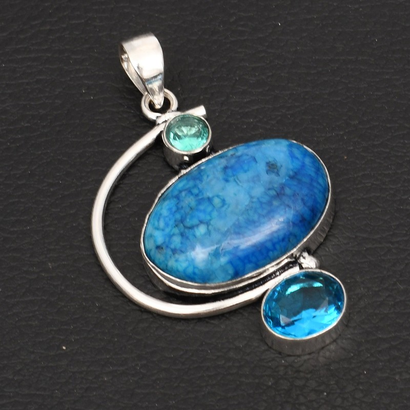 Solar Agate Blue Topaz Gemstone Ethnic Handmade Pendant Jewelry 2.12" AP-37798